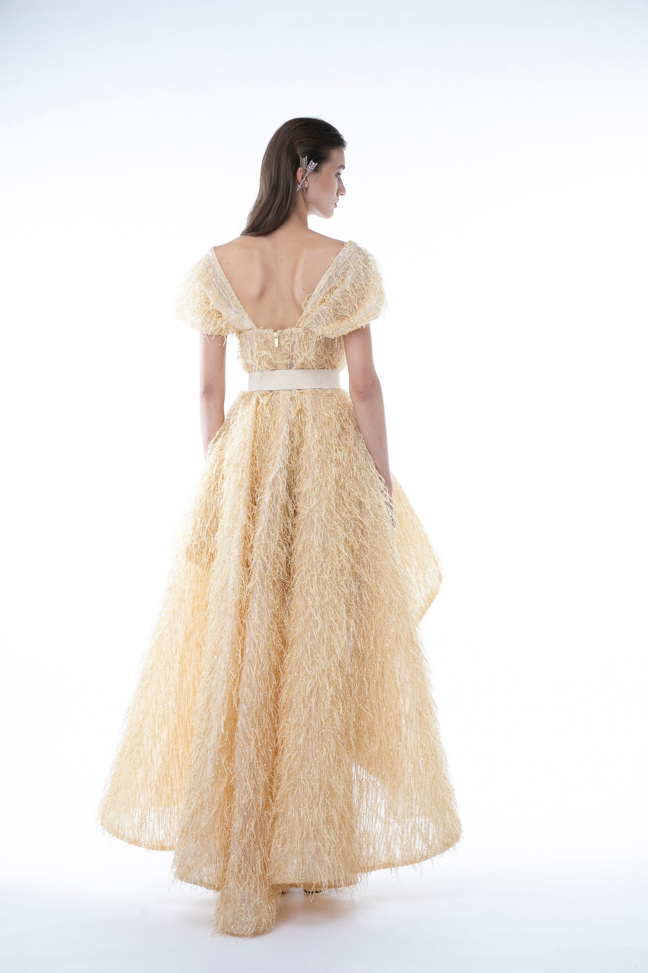 GOLD FEATHERS ASYMMETRIC GOWN
