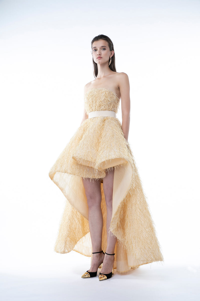 GOLD FEATHERS ASYMMETRIC GOWN