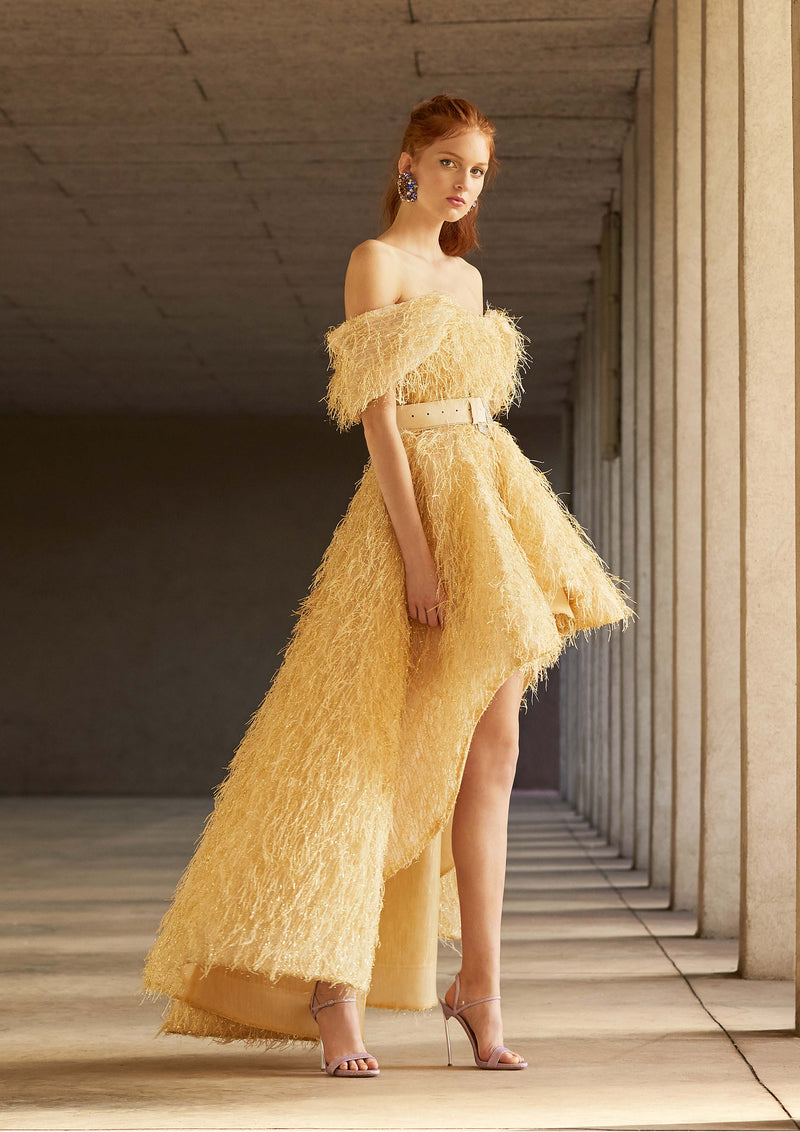 GOLD FEATHERS ASYMMETRIC GOWN – AvaroFiglio