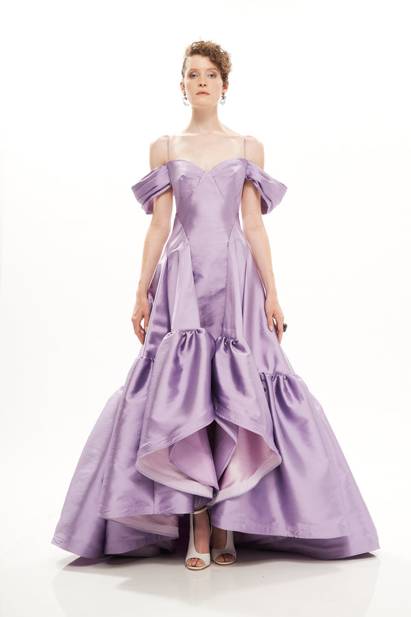 STRAP PLEATED LONG GOWN WITH DETACHABLE ARMS