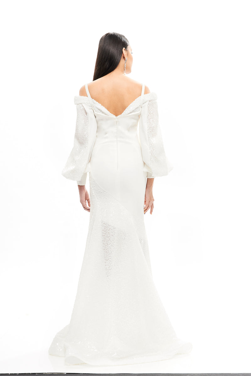 LONG SILHOUETTE CADY DRESS WITH SEQUINS INSERTS
