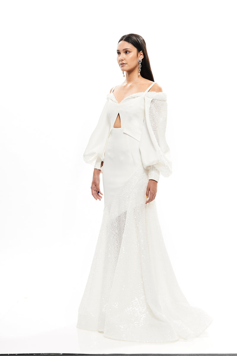 LONG SILHOUETTE CADY DRESS WITH SEQUINS INSERTS