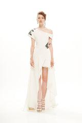 PLEATED DRAPED DRESS WITH PETALS EMB DETAILS
