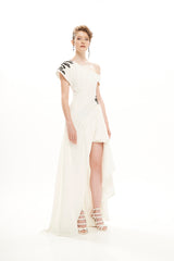 PLEATED DRAPED DRESS WITH PETALS EMB DETAILS