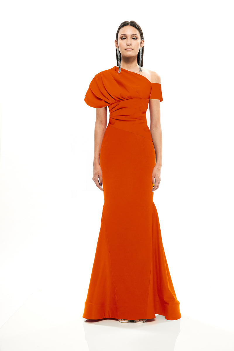 DRAPED MONOSHOULDER LONG CADY DRESS