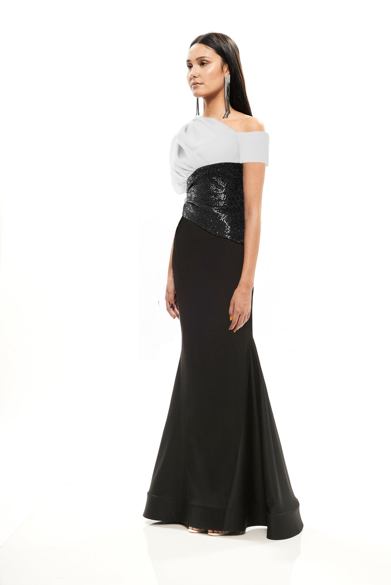 DRAPED MONOSHOULDER LONG BLOCK COLOR DRESS