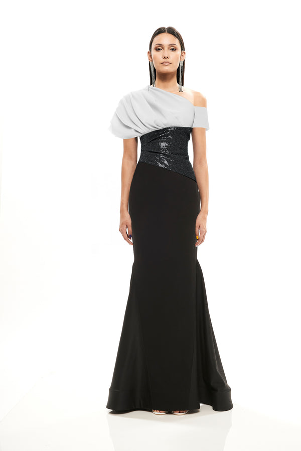DRAPED MONOSHOULDER LONG BLOCK COLOR DRESS