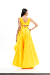 ASYMMETRICAL MIKADO EVENING GOWN WITH BACK DETAIL