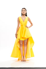 ASYMMETRICAL MIKADO EVENING GOWN WITH BACK DETAIL