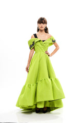 JACQUARD ASYMMETRICAL GOWN WITH RUFFLE