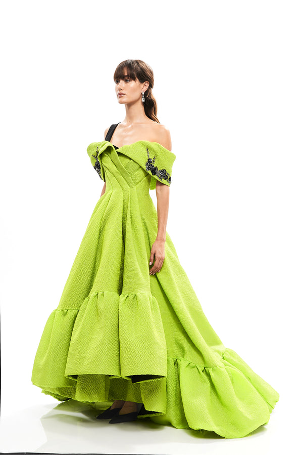 JACQUARD ASYMMETRICAL GOWN WITH RUFFLE