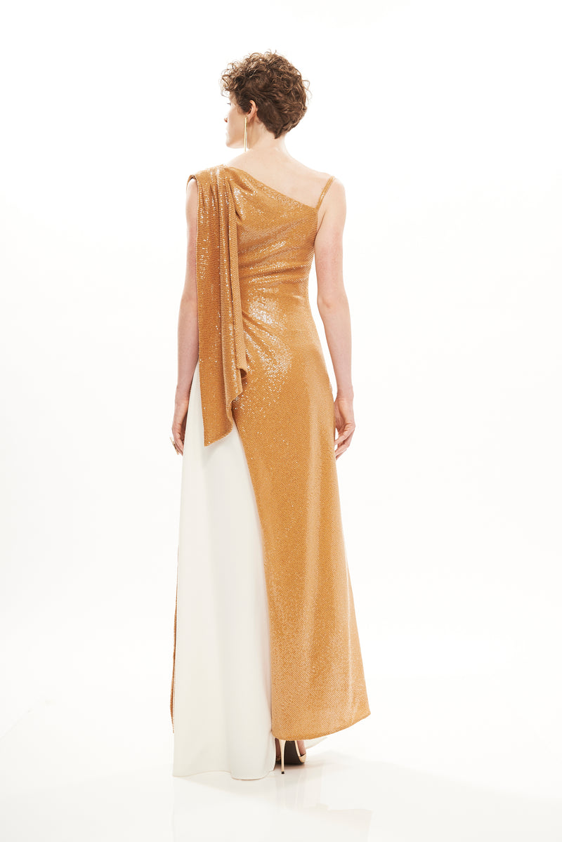 STRAP SEQUINS DRAPED MANTELLA LONG DRESS