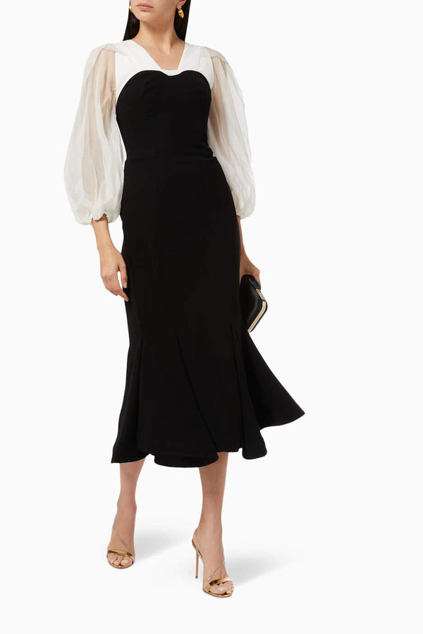 SILHOUETTE BUSTIER MIDI DRESS WITH EMBROIDERED ORGANZA ARMS