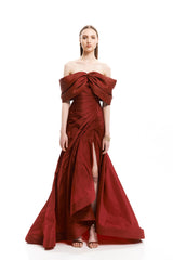 DROP SHOULDER BOW  LONG DRESS