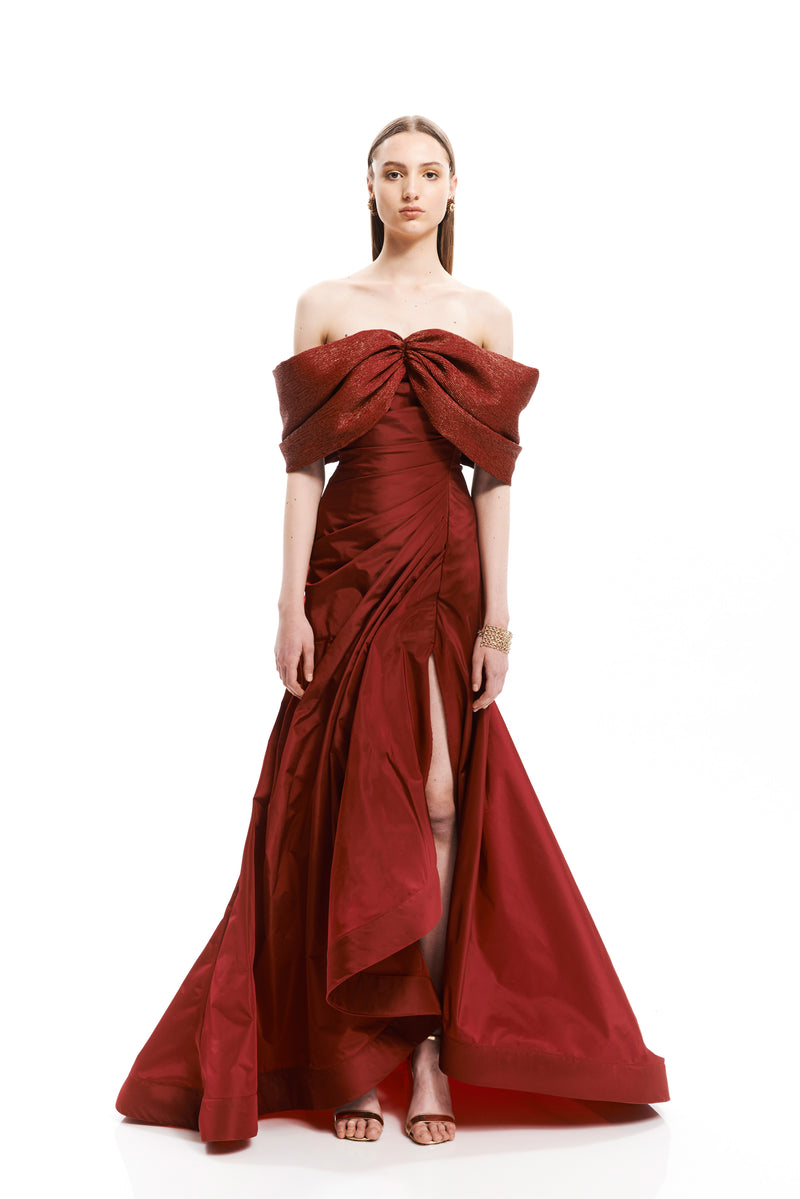 DROP SHOULDER BOW  LONG DRESS