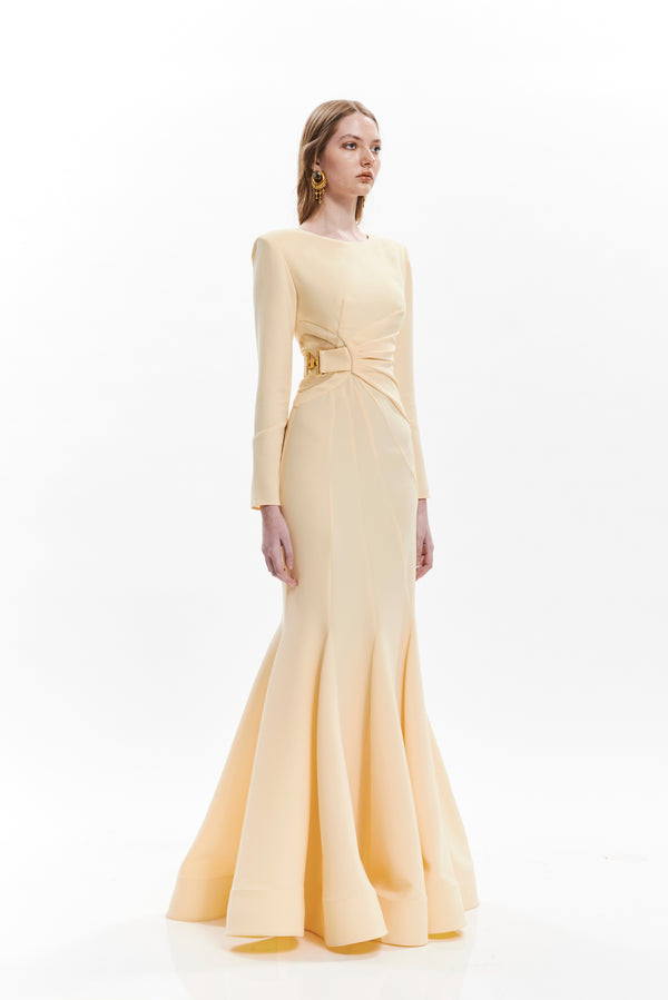 PLEATED BELT SILHOUETTE LONG DRESS