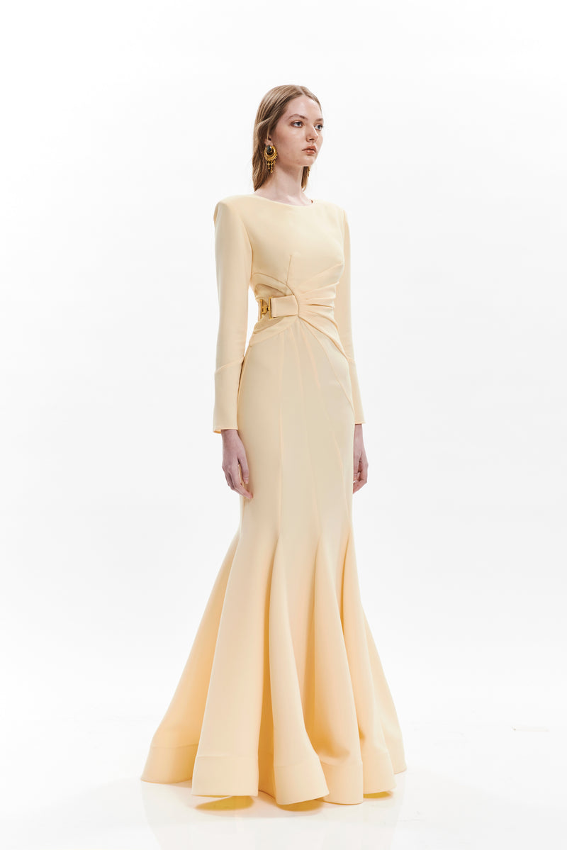 PLEATED BELT SILHOUETTE LONG DRESS