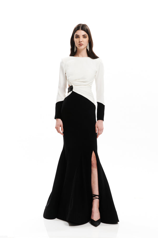 PLEATED BELT SILHOUETTE BLOCK COLOR LONG DRESS