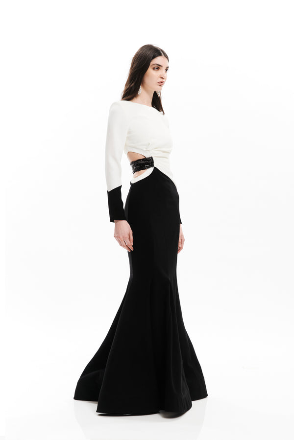 PLEATED BELT SILHOUETTE BLOCK COLOR LONG DRESS