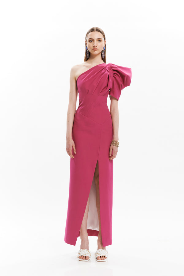 MONOSHOULDER DRAPED PLEATS LONG DRESS