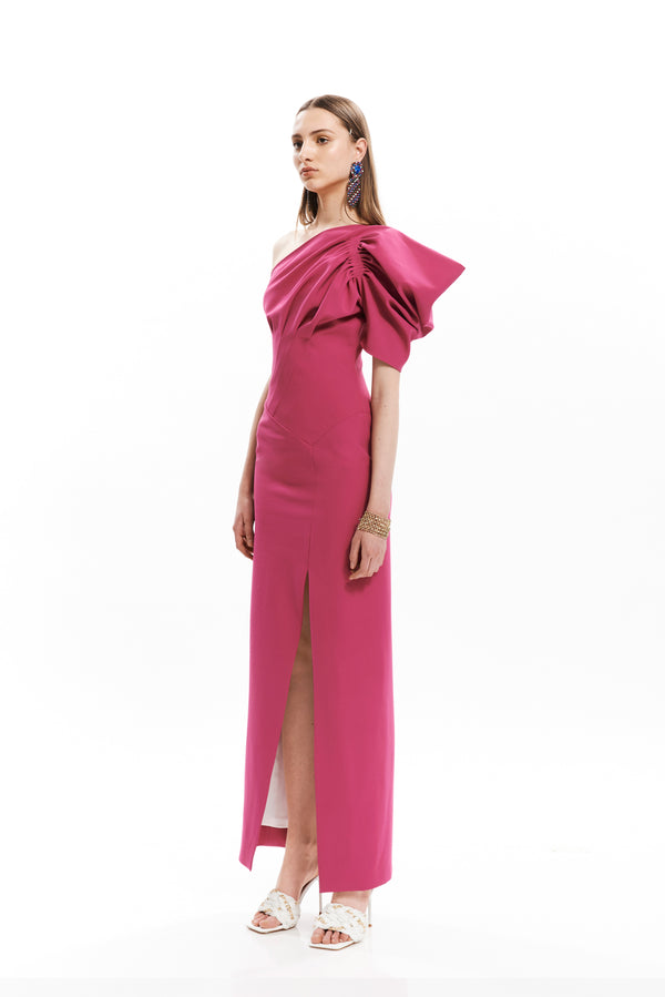 MONOSHOULDER DRAPED PLEATS LONG DRESS