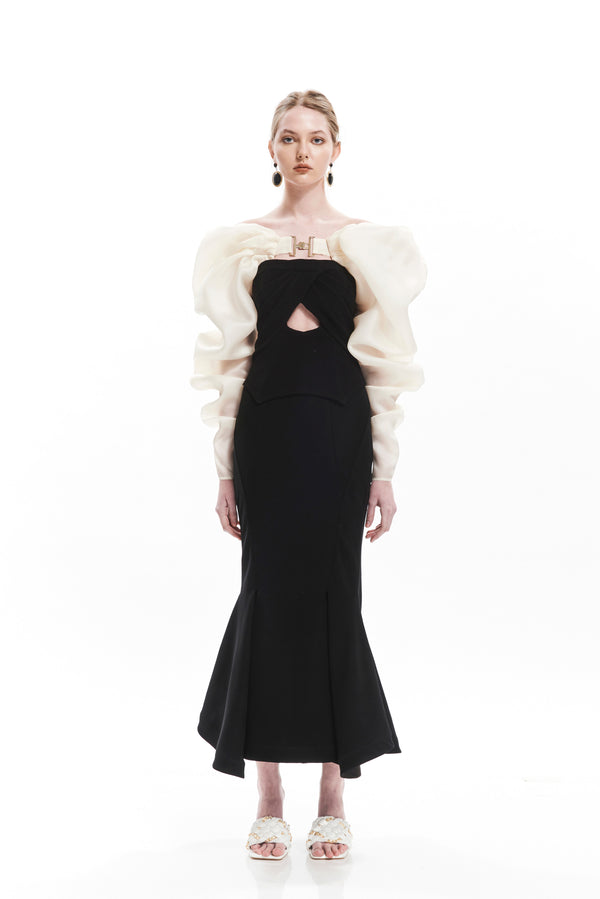 PLEATED BLACK CORSET DRESS WITH TULIP MIDI SKIRT