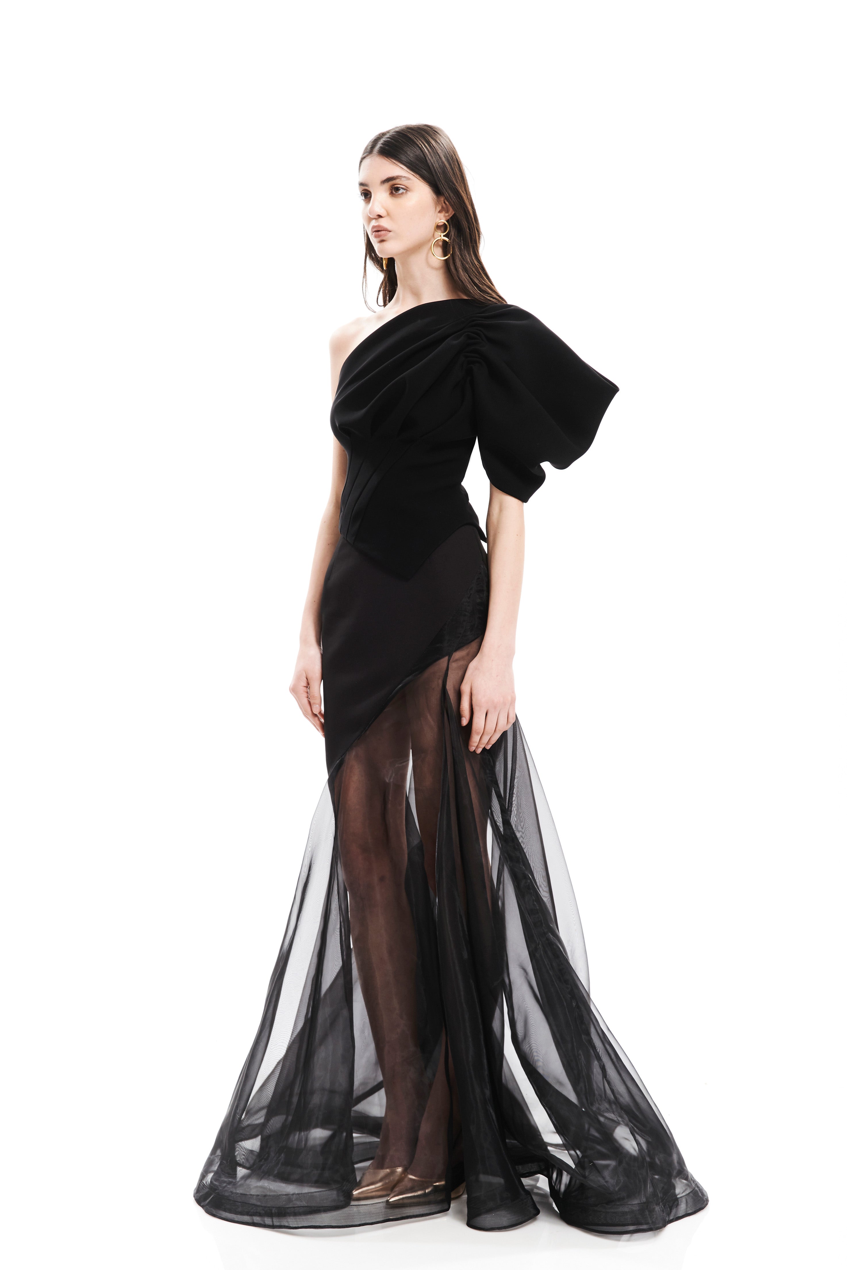 MONO SHOULDER RIBBING DETAIL TOP WITH  SEETHROUGH LONG SKIRT