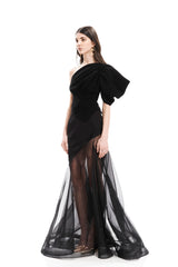 MONO SHOULDER RIBBING DETAIL TOP WITH  SEETHROUGH LONG SKIRT