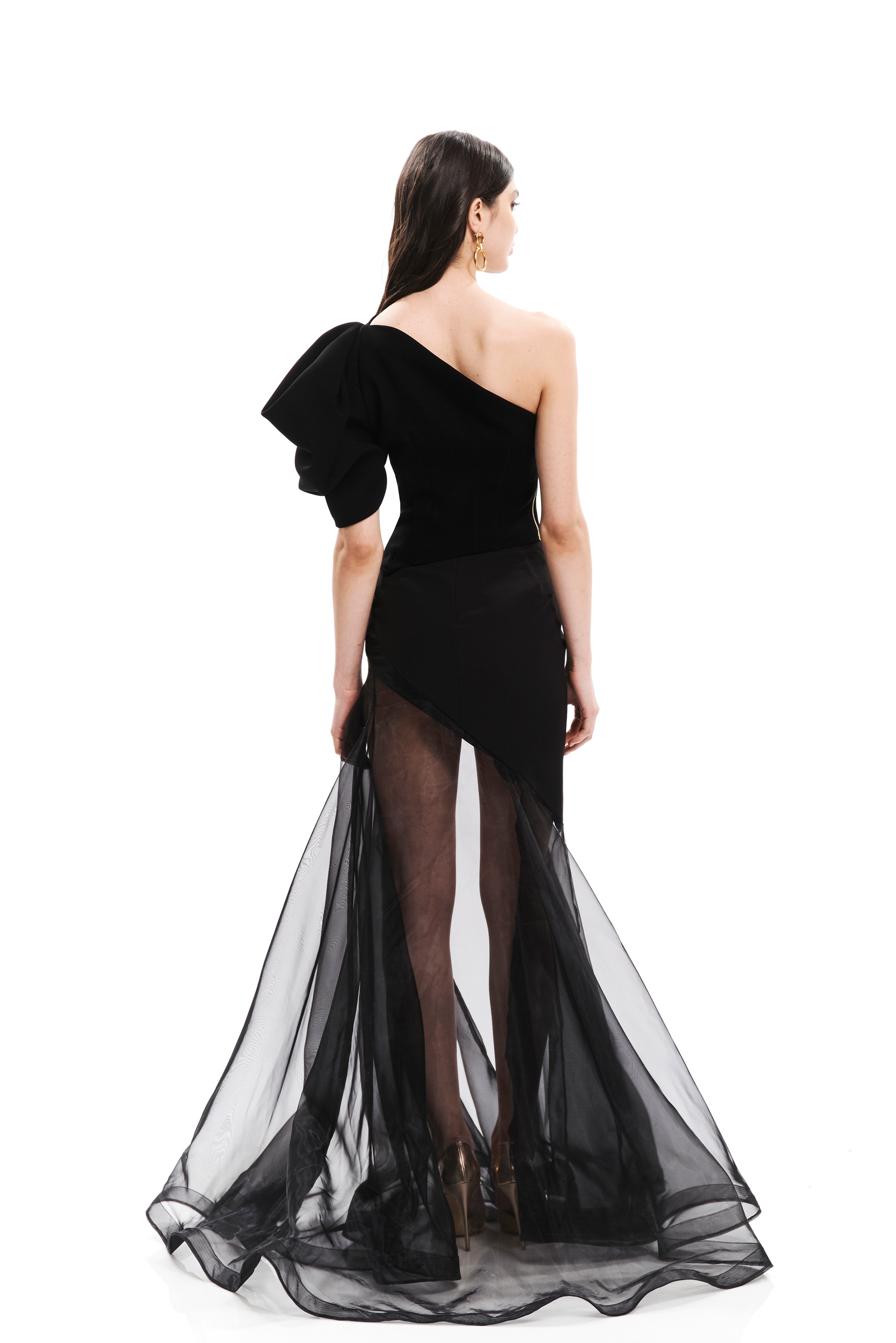 MONO SHOULDER RIBBING DETAIL TOP WITH  SEETHROUGH LONG SKIRT