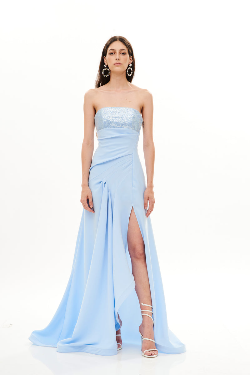 STRAPLESS BUSTIER DRAPED GOWN