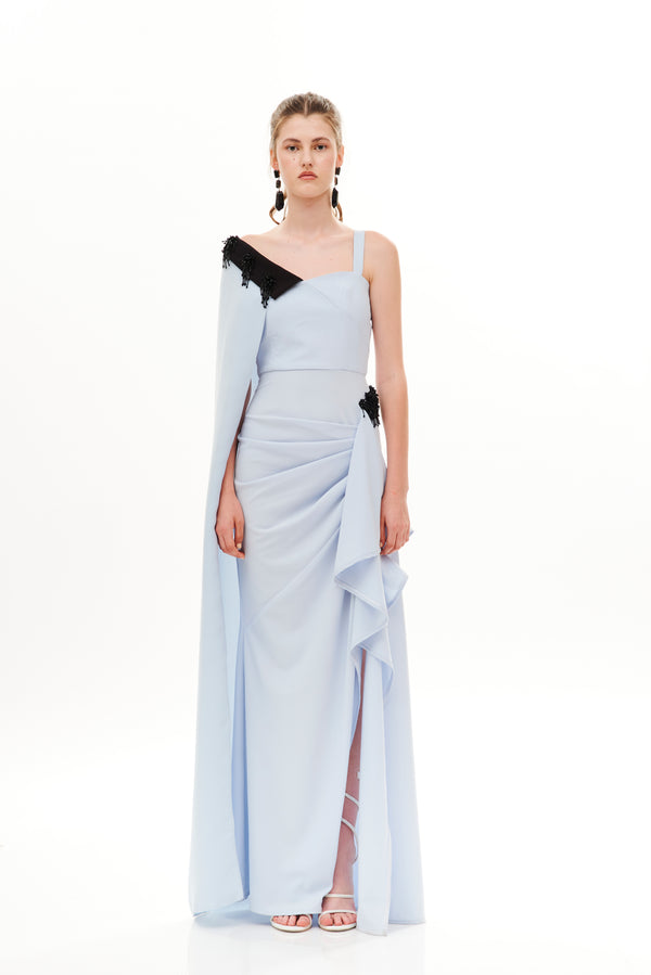 MONO SHOULDER CAPE DRAPED LONG DRESS