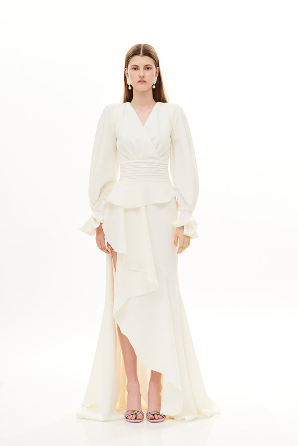 MAX DRAPED LONG RUFFLES SLIT DRESS