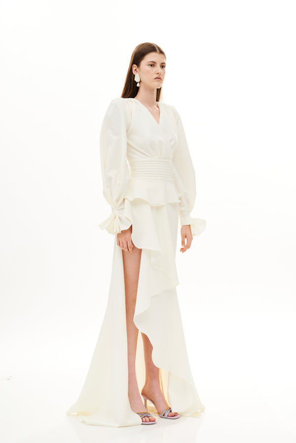 MAX DRAPED LONG RUFFLES SLIT DRESS