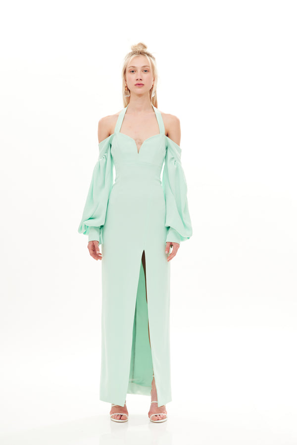 CHERRY BLOSSOM LONG SLIT DRESS WITH SIPARIO  SLEEVES