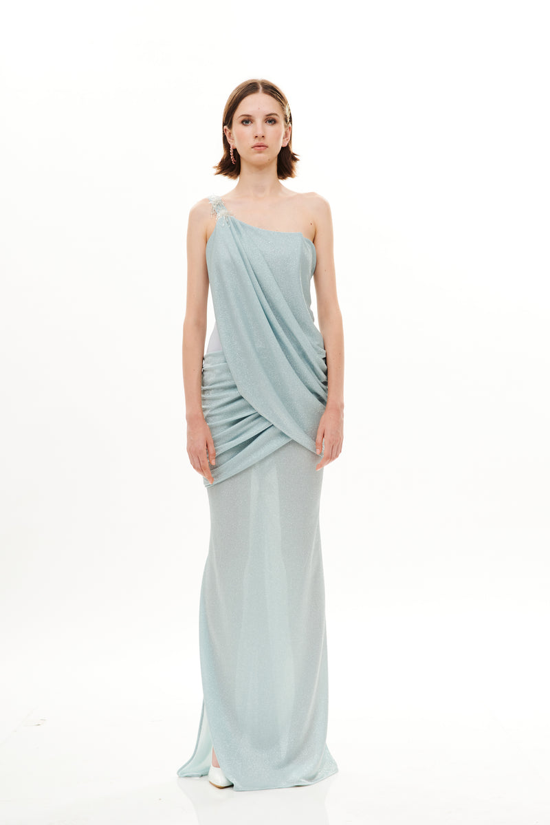 SEE THROUGH BUSTIER  DRAPED LONG DRESS