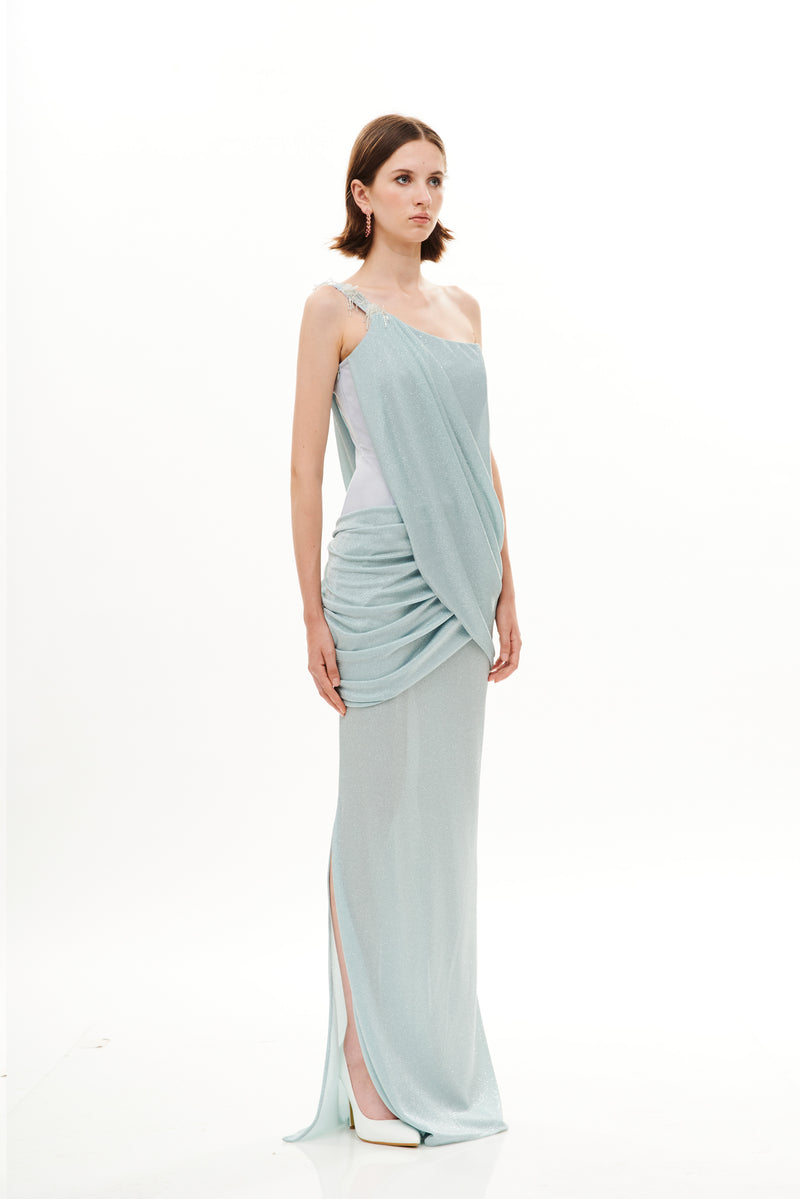 SEE THROUGH BUSTIER  DRAPED LONG DRESS