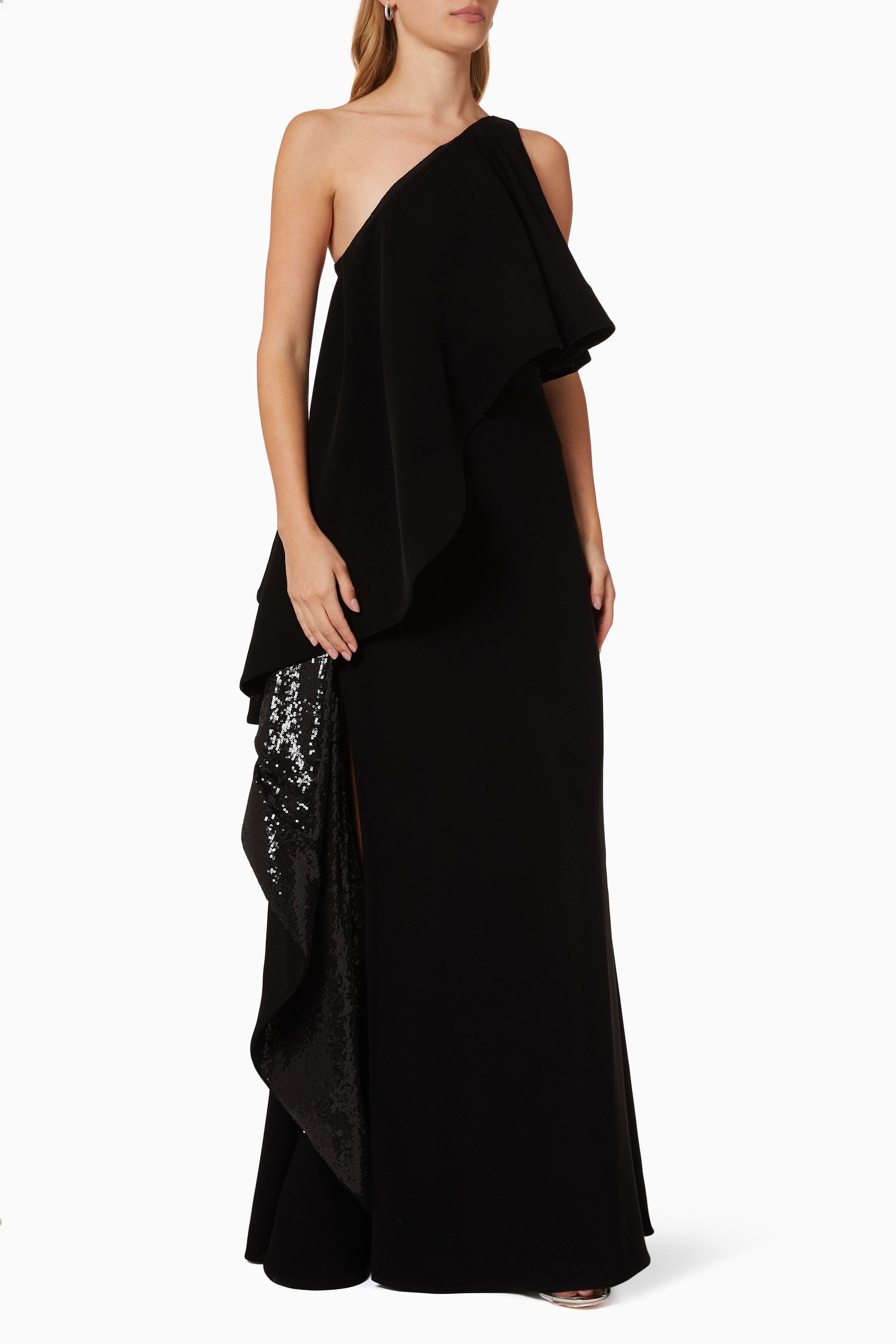 LONG ASYMMETRIC DRESS WITH MAXI FLOUNCE LINED IN SEQUINS